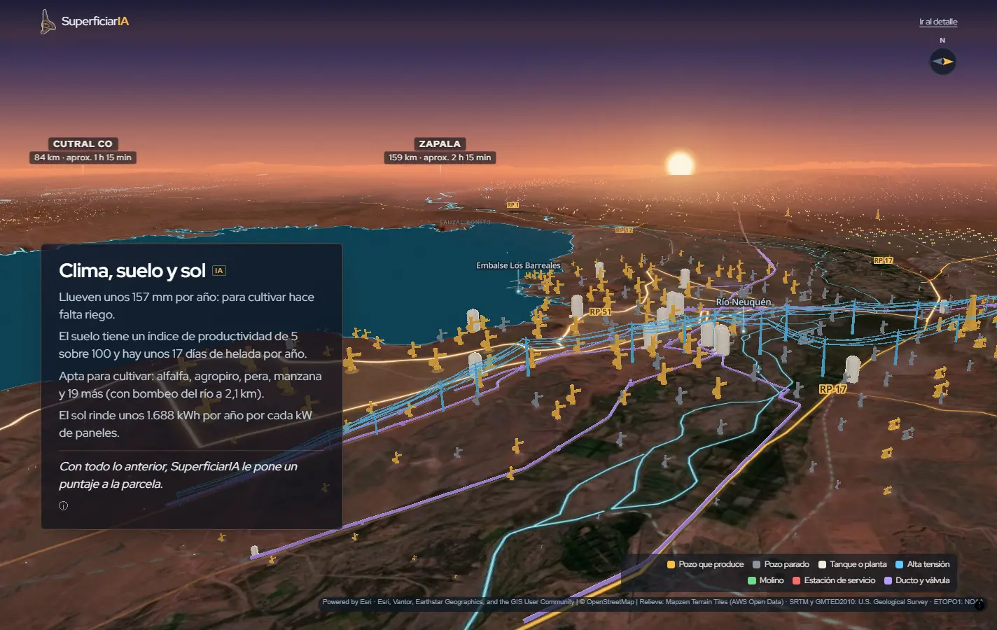 Informe 3D al atardecer en el embalse Los Barreales: pozos, tanques, líneas de alta tensión y ductos sobre el relieve
